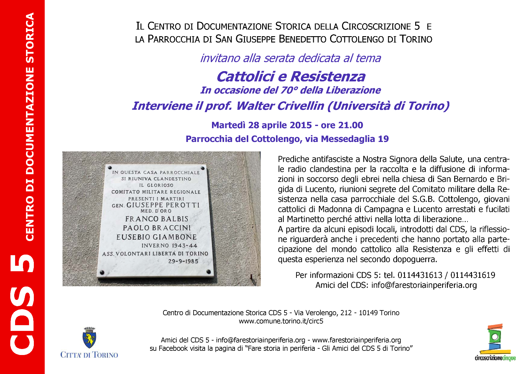 CDS-Volantino Cattolici e Resistenza per i 70 anni Liberazione 28-04-2015