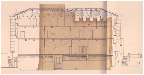 5 Castello di Lucento. Ricostruzione grafica del castello  con le dimensioni del muraglione originario e coronamento merlato